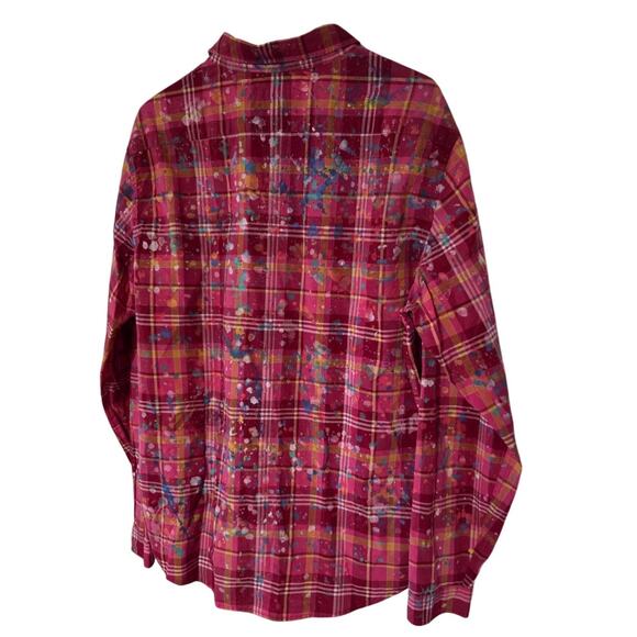 Mishka Mnwka Large Long Sleeve Button Up Pink Plaid Paint Splatters - Picture 2 of 5